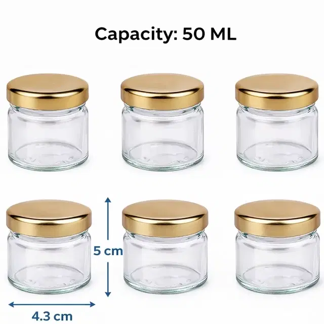 Afast 6 Pc Small Glass Jars with Golden lid 50 ml, small glass container with lid