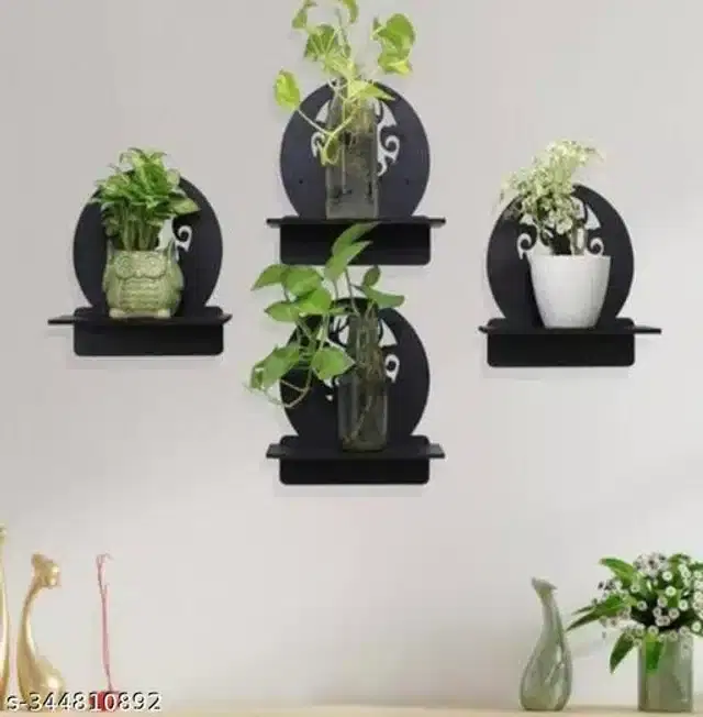 Wooden Designer Wall Shelves, Black, Set of 4