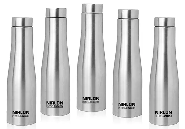Nirlon Tallbell Stainless Steel Single Wall Water Bottle/Fridge Refrigerator Bottle/ 100% Leak Proof/Office Bottle/School Bottle, 1000 Ml, Set Of 5