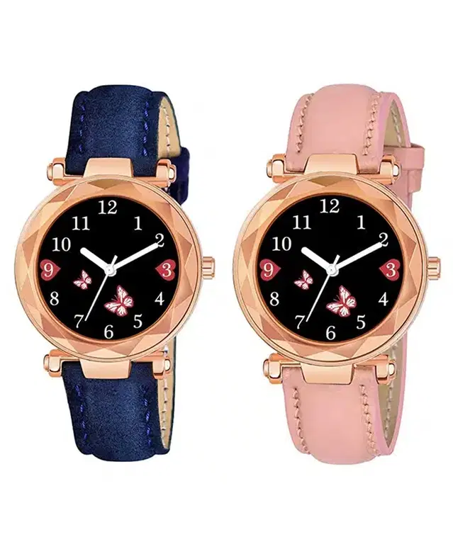 Designer Leather Analog Watch for Women & Girls, Pack of 2 (Blue & Pink)