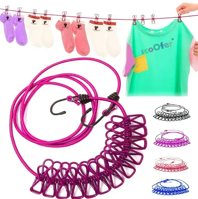 Cloth Drying Rope with 12 Clips, Multicolor, 1.8 m, Set of 2