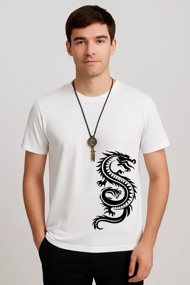 Round Neck Printed T-Shirt for Men, White (XXL)