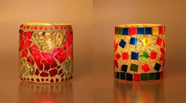 Glass Decorative Tea Light Holders, Multicolor, Pack of 2