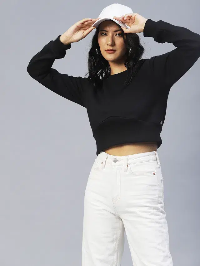 Women's Corset Fit Round Neck Sweatshirt (Black, S)