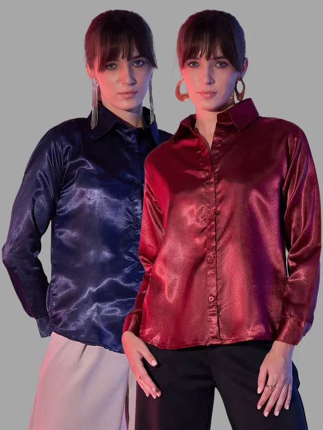 Full Sleeves Solid Shirt for Women, Pack of 2 (Navy Blue & Maroon, M)