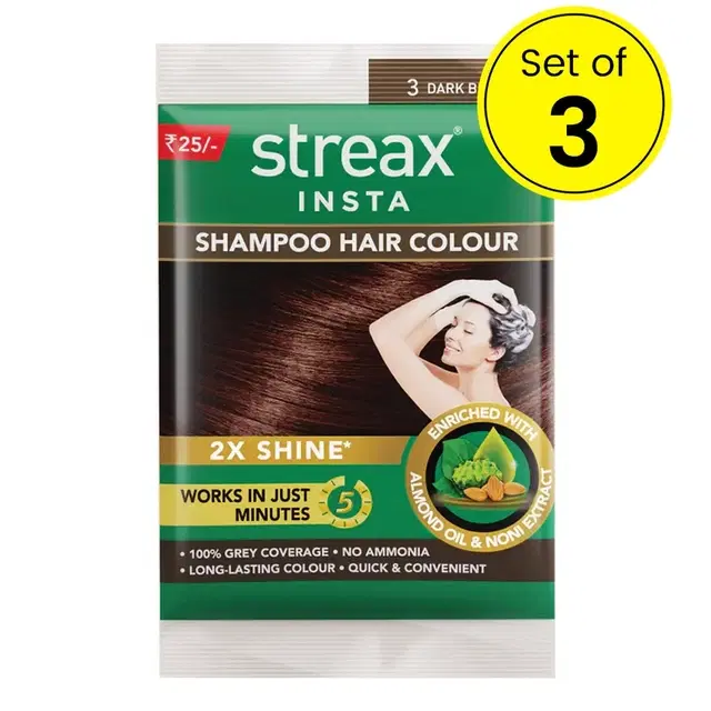 Streax Insta Shampoo Hair Colour Dark Brown 3, 3X18 ml (Pack of 3)