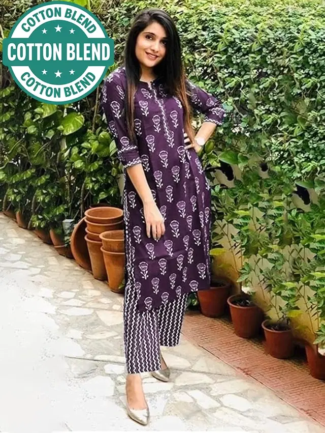 Cotton Block Print Women's Kurta with Pant Set, Purple (XL)