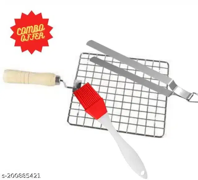 Stainless Steel BBQ Grill with Cooking Tong & Oil Brush, Red & Silver, Set of 3