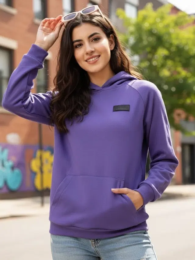 Fleece Printed Hoodie For Women, Purple (S)