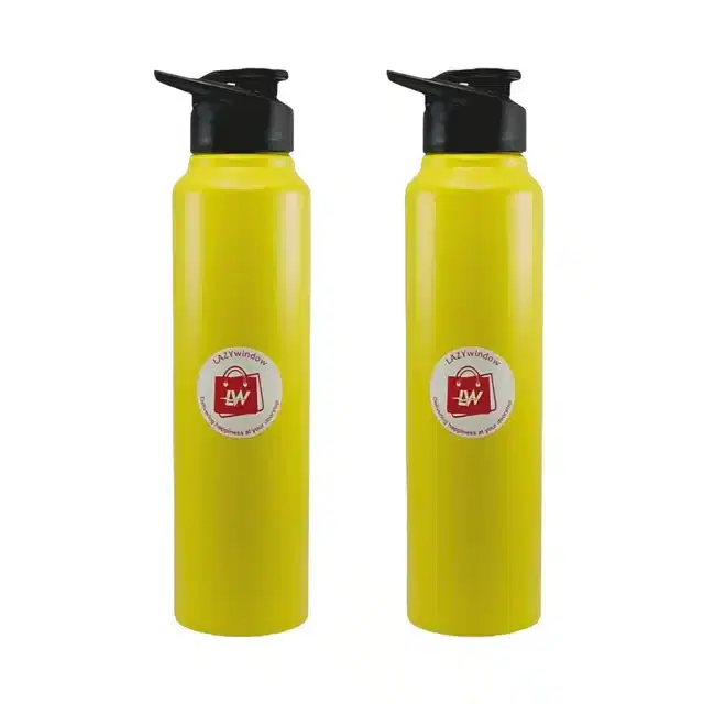 LAZYwindow Stainless Steel Fridge Water Bottle, Yellow, 1000 ml, Pack of 2