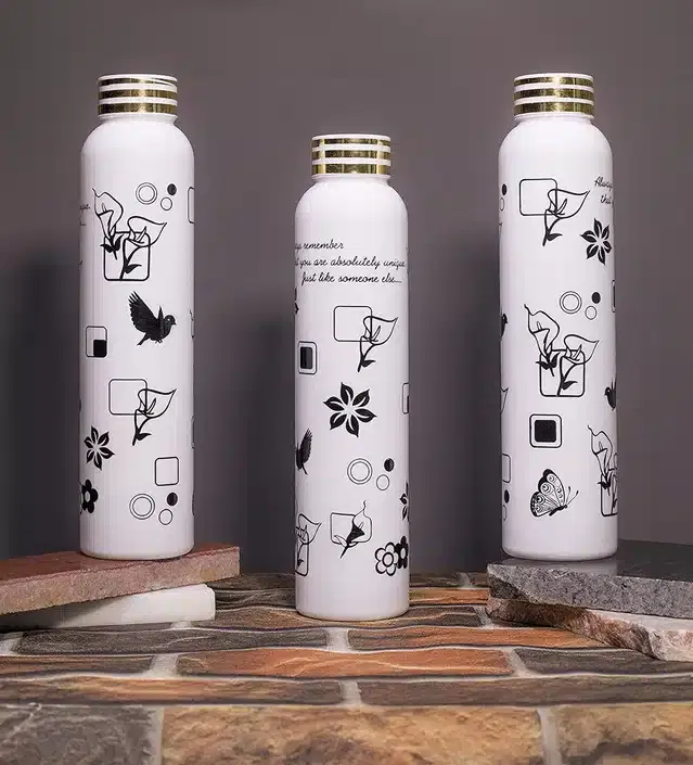 Flower Printed Water Bottle, Pack of 3, White & Black, 1 L