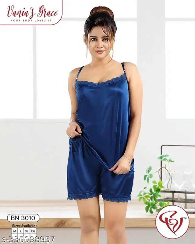 Satin Nightsuit for Women (Blue, M)