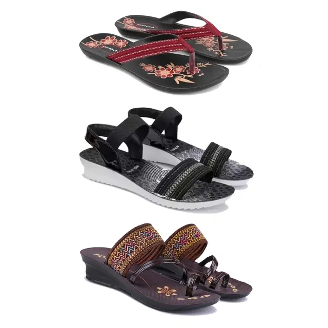 Flats with Heels & Sandals for Women, Set of 3 (Multicolor, 6)