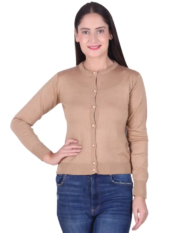 Round Neck Solid Cardigans for Women (Tan, L)