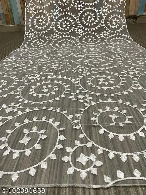 Embroidered Jamdani Net Floral Sewing & Embroidery (White, Free Size)