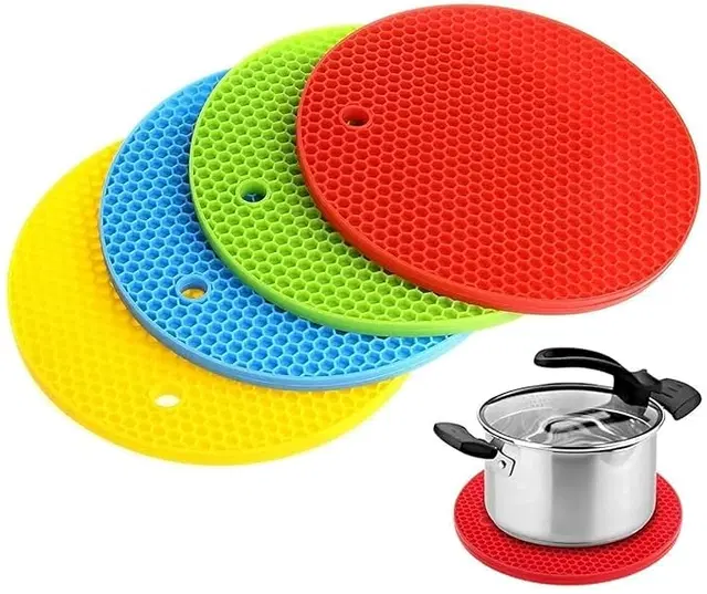 Multipurpose Silicon Round Hot Mat Pot Holders for Kitchen and Dining/Hot Plate Stand/Heat Resistant Coasters Dinning Table Mat, Set of 4