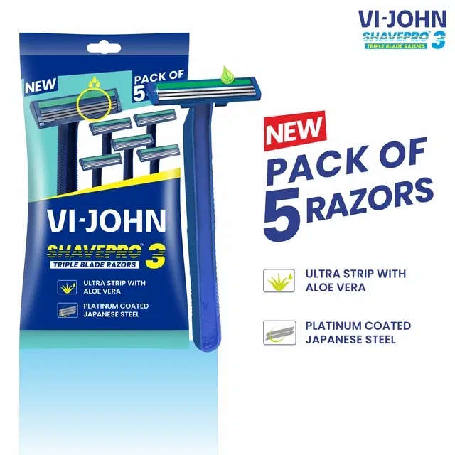 VI-JOHN Shavepro Three Blade Disposable Razor with Aloevera Strip (Pack of 5 Blade Razors)