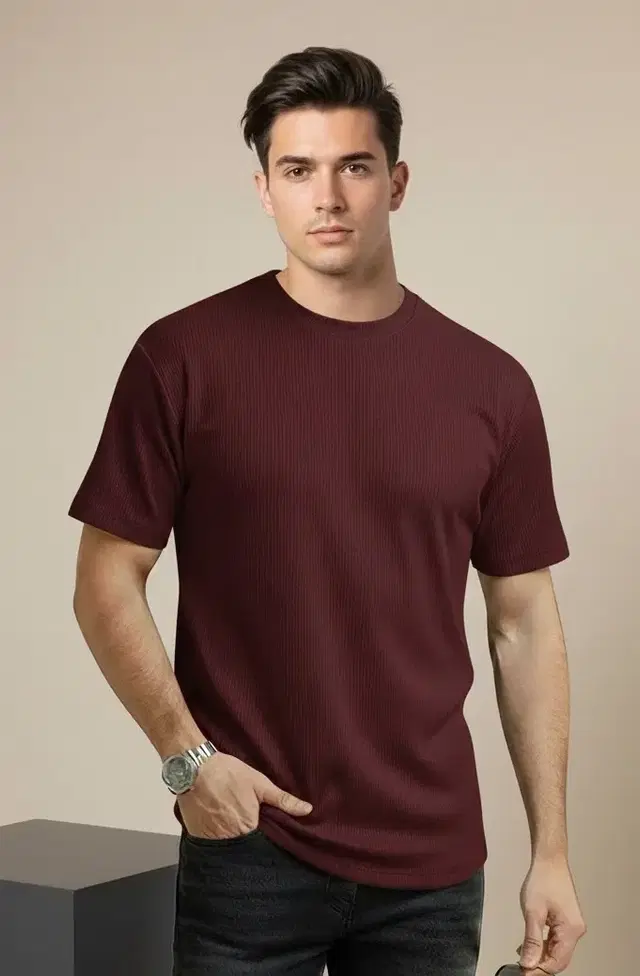Polyester Solid T-Shirt for Men, Wine (XL)