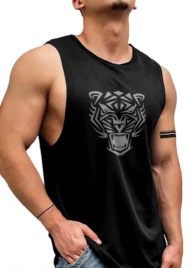 Polyester Printed Vest for Men (Black, S)