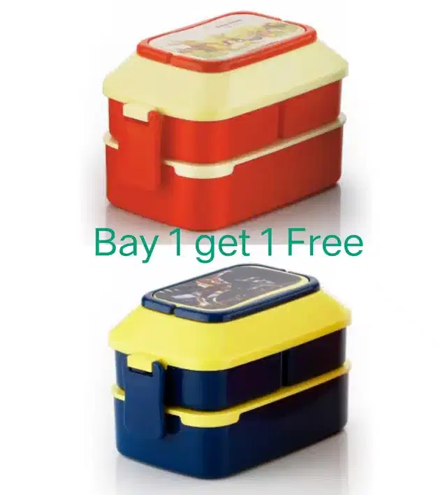 2 Containers Lunch Box with Roti Tray and 2 Spoons., Multicolor, 1100 ml, Set of 2