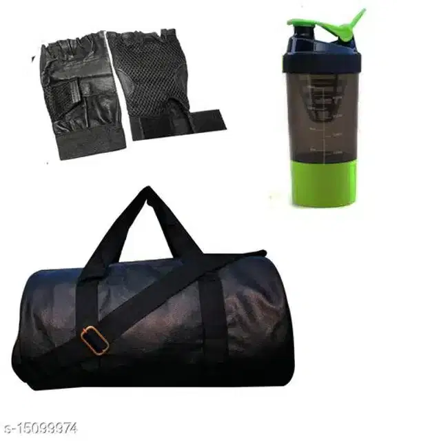 Combo of Gym Bag with Shaker Bottle, 400 ml, Gloves, Multicolor, Set of 3