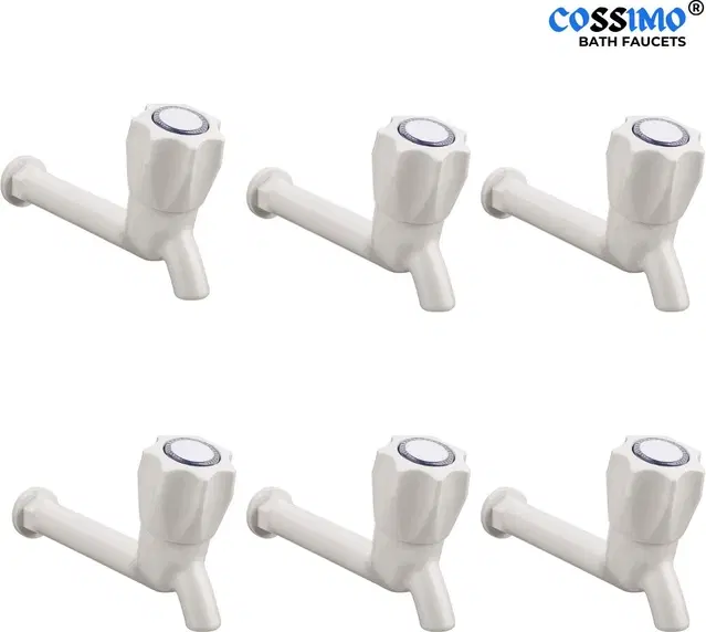 Plastic Long Body Bib Cock Tap with Wall Flange, White, Set of 6