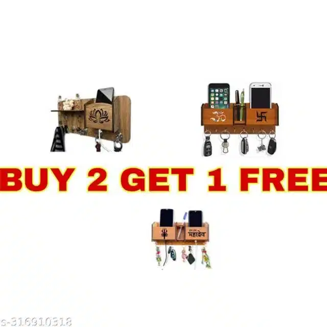 Wooden Key Holder, Brown, Pack of 3