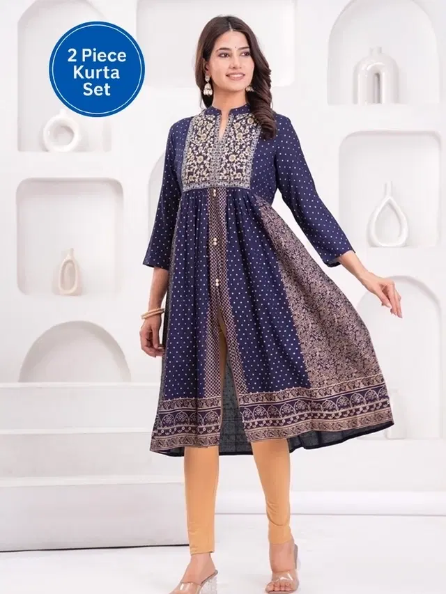 Rayon Floral Print Women's Kurta with Pant Set, Blue (XXL)