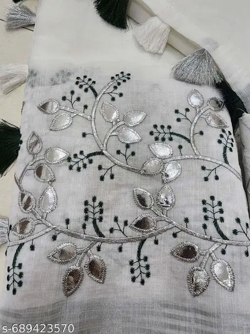 Chanderi Floral Printed with Lace border (White, Free Size)