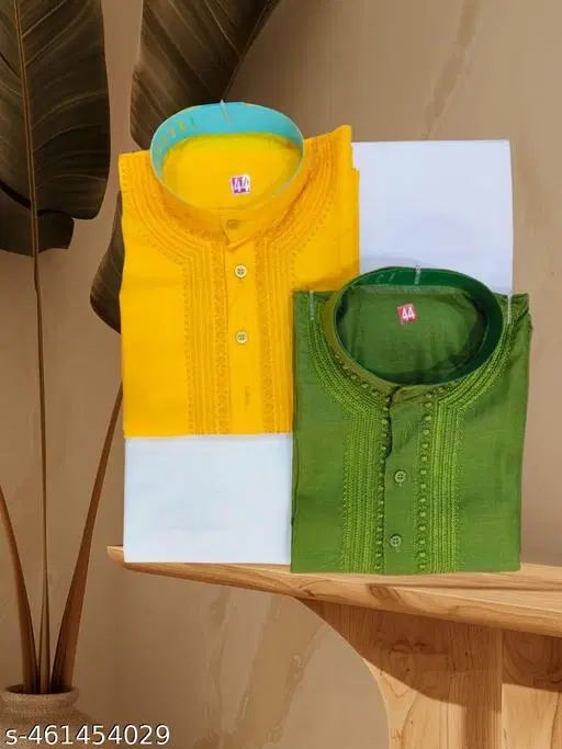 Cotton Solid Kurta Set for Men, Green & Yellow, Pack of 2 (M)