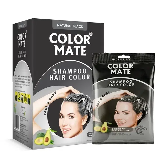 Color Mate Shampoo Hair Color With Avocado Oil | 100% Grey Coverage, Ammonia-Free, Long-Lasting Conditioning Hair Dye For Men & Women | Natural Black 15 ml (Pack Of 1)