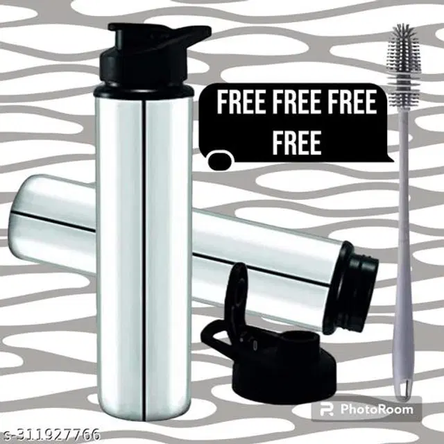 Stainless Steel 2 Pcs Water Bottle, 1000 ml with Cleaning Brush, Silver, Set of 3