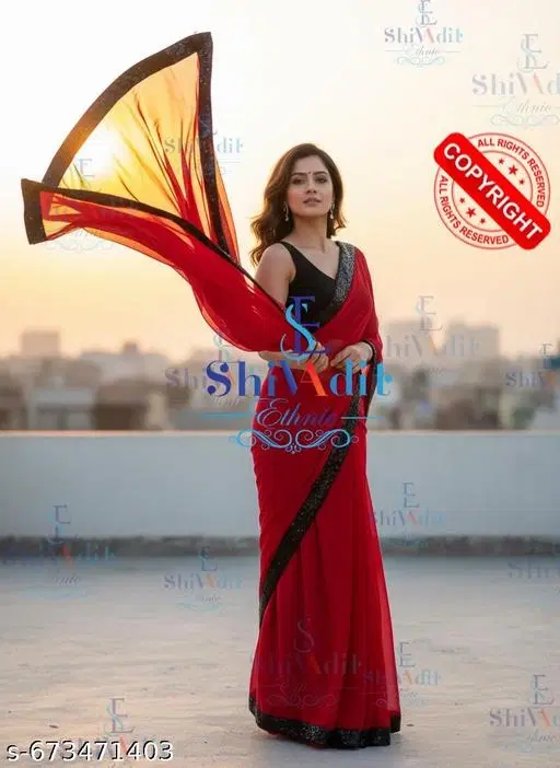 Chiffon Solid Saree For Women, Red