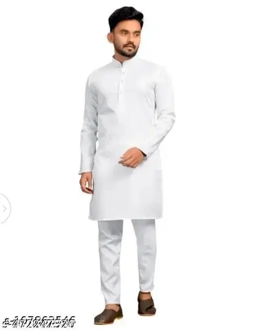 Cotton Blend Solid Kurta Set for Men, White (L)