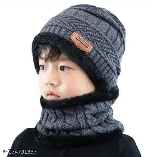 Woolen Winter Beanie Cap with Neck Warmer for Kids (Grey, 5-14 Years)