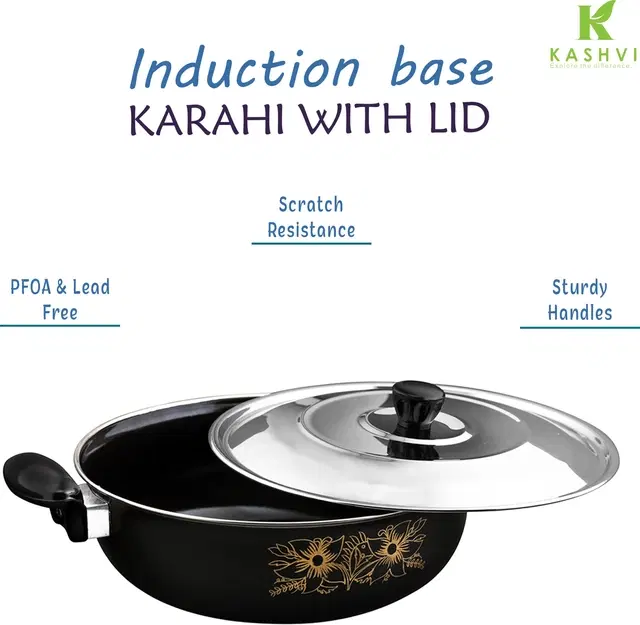 Cast Iron Kadai with Lid, Black & Silver, 28 cm
