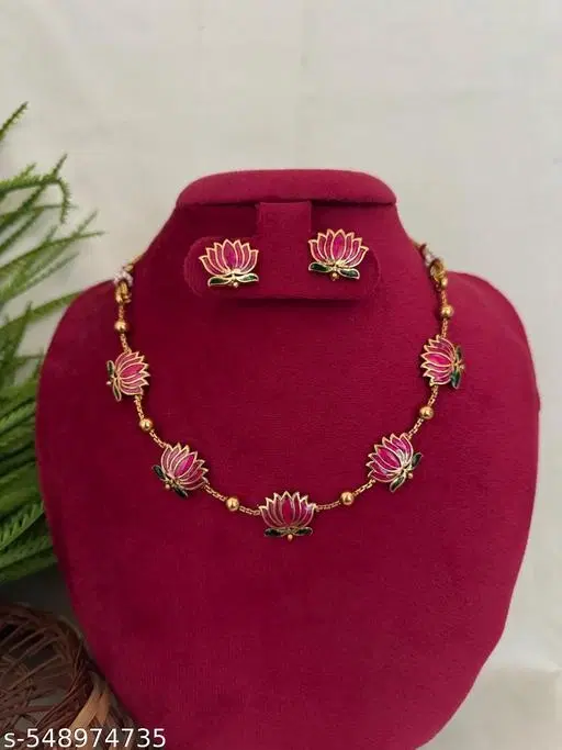 Golden Ball Advaita Enamel Lotus Short Neckpiece / Choker With Earring