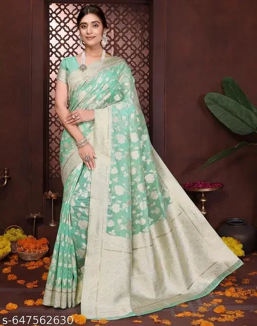 Banarasi Silk Printed Saree for Women, Sea Green (6.3 m)