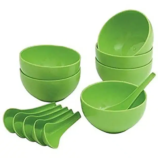 Soup Bowls with Spoons, Green, Set of 6