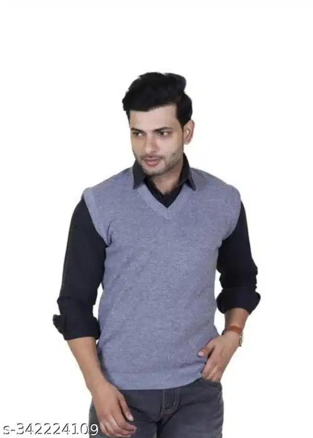 Woolen Sleeveless Sweater for Men (Grey, XL)