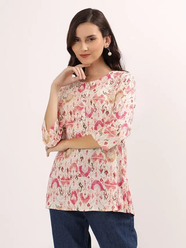 Womens Ikkat Print Short Kurti,Pink (S)