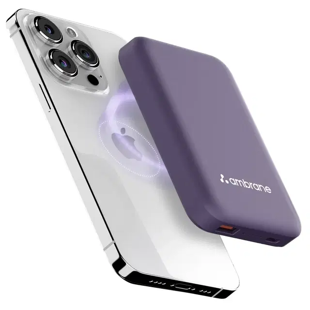 Ambrane Magsafe Wireless 10000Mah Fast Charging Power Bank, Strong Magnet, Micro Usb Input, 22.5w Output For Iphone 12 Above, Android & Other Qi Enabled Devices + Magnetic Ring (Aerosync Snap, Purple)