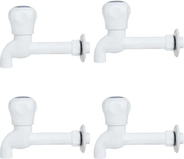 Plastic Long Body Bib Cock Tap with Wall Flange, White, Set of 4