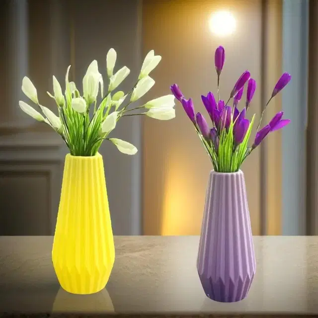 Akaar Decor plastic yellow & lilac vase 8inch Pack of 2