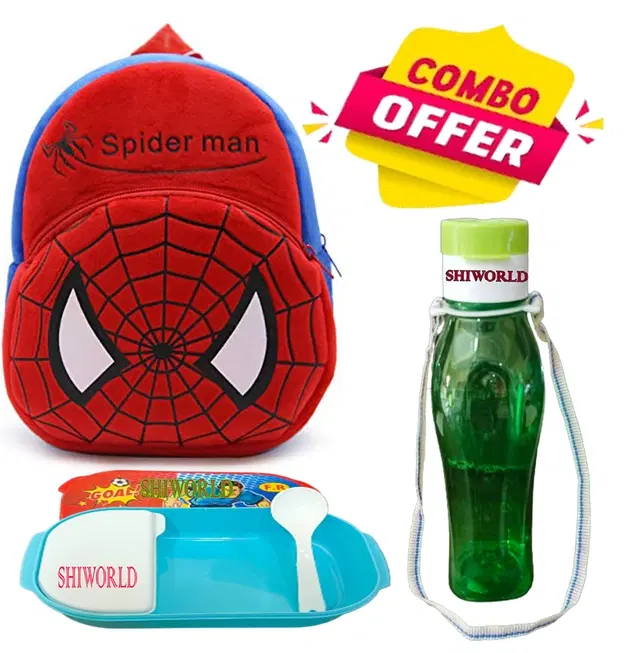 Combo of Fabric School Bag, Water Bottle with Lunch Box for Kids, Multicolor, Set of 3
