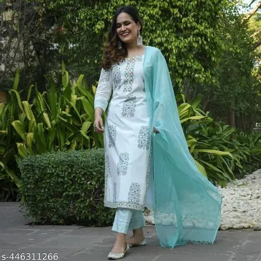 Floral Print Cotton Blend Kurti with Pant & Dupatta Set for Women (Aqua Blue, L)