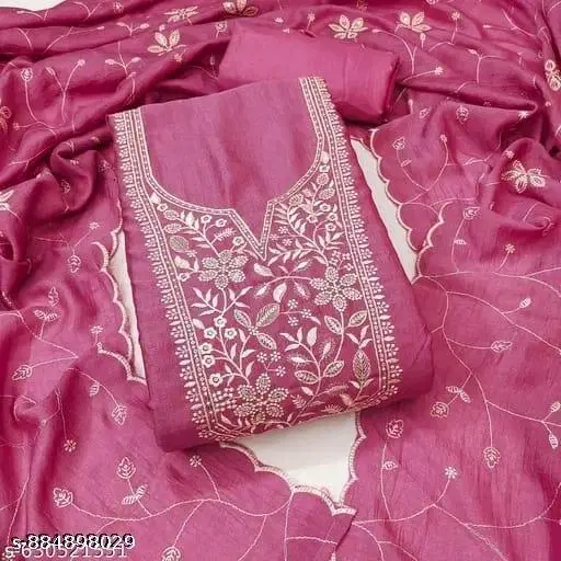 Vichitra Silk Embroidered Punjabi/All Over Suits for Women (Pink, Un Stitched)