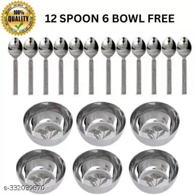 Stainless Steel 6 Pcs Bowls with 12 Pcs Spoon, Silver, Set of 2