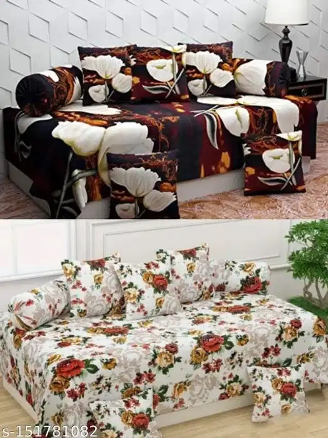 Polycotton Diwan Cover Set, Brown & Cream, Combo of 2