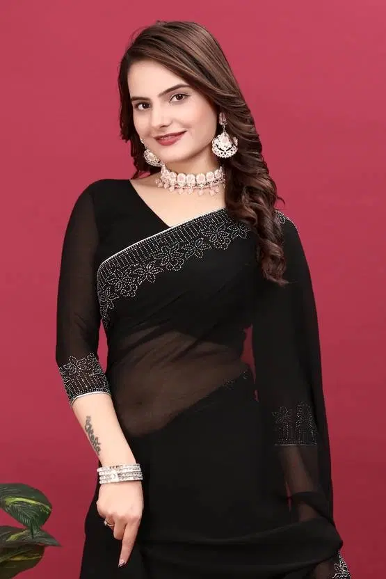 Georgette Embellished Saree for Women, Black